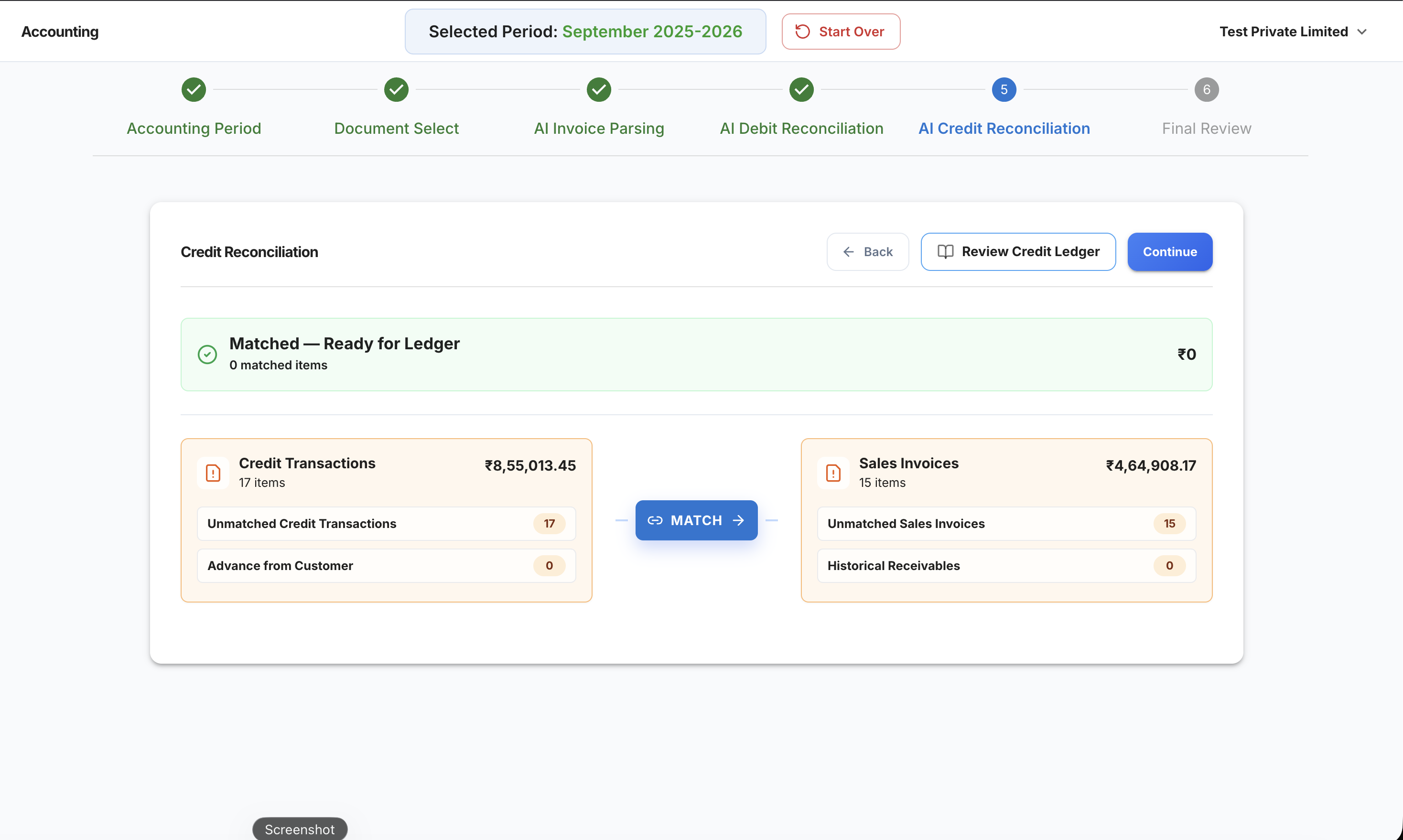 Flick AI credit reconciliation screen for sales invoices
